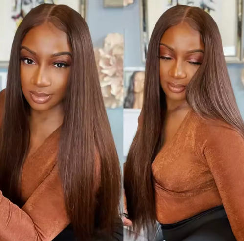 PARRUCCA CAPELLI SINTETICI 180% DENSITA', 13X6 LACE, LISCIO CASTANO GLUELESS WIG