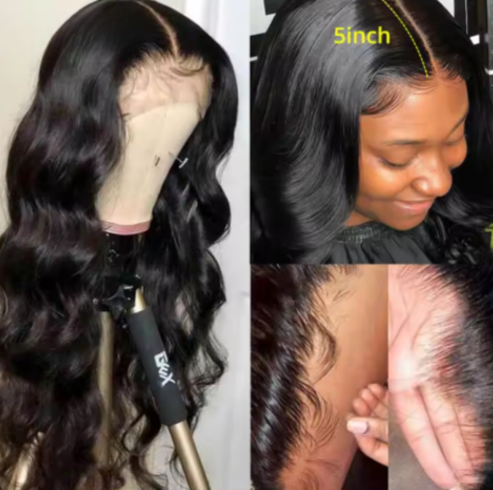 PARRUCCA CAPELLI SINTETICI 180% DENSITA', 5X5 LACE, WAVES NERO GLUELESS WIG