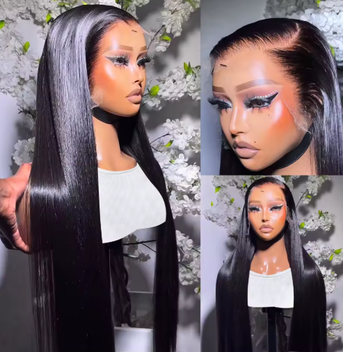 PARRUCCA CAPELLI SINTETICI 180% DENSITA', 13X6 LACE, LISCIO NERO GLUELESS WIG