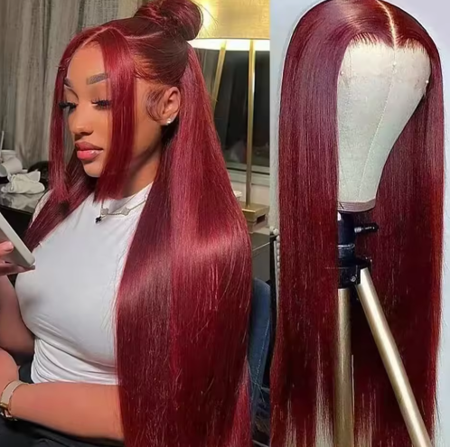 PARRUCCA CAPELLI SINTETICI 180% DENSITA', 13X6 LACE, LISCIO BORDEAUX GLUELESS WIG