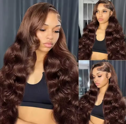 PARRUCCA CAPELLI SINTETICI 200% DENSITA', 13X6 LACE, WAVES CASTANO GLUELESS WIG