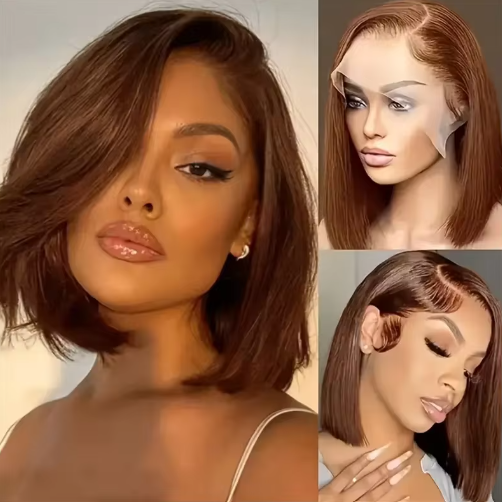 PARRUCCA CAPELLI SINTETICI 200% DENSITA', 13X4 LACE, LISCIA CASTANO GLUELESS WIG